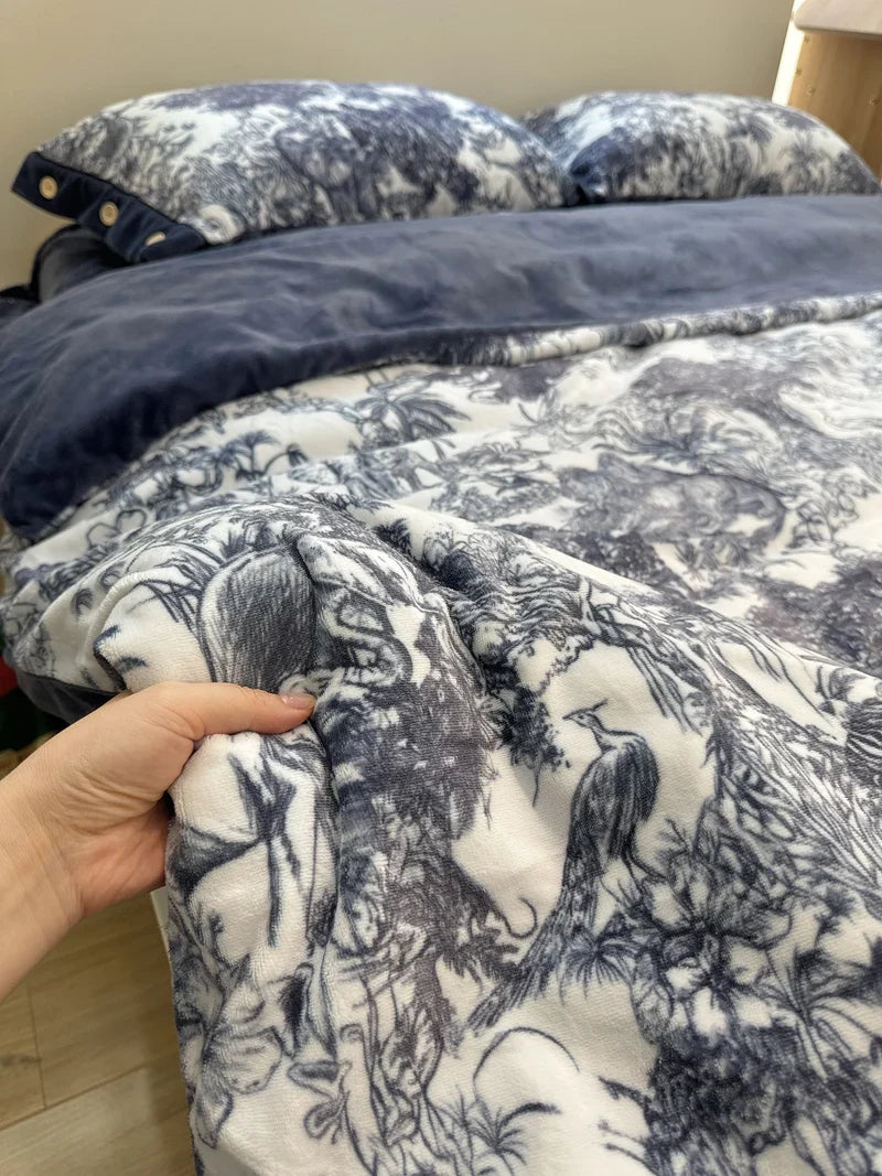 Afralia™ Forest Plants Prints Velvet Bedding Set, Winter Warm, 4Pcs: Duvet Cover, Sheet, Pillowcases