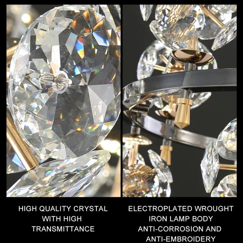 Afralia™ Sunflower Crystal Chandelier: Luxury Gold & Black LED Pendant Light