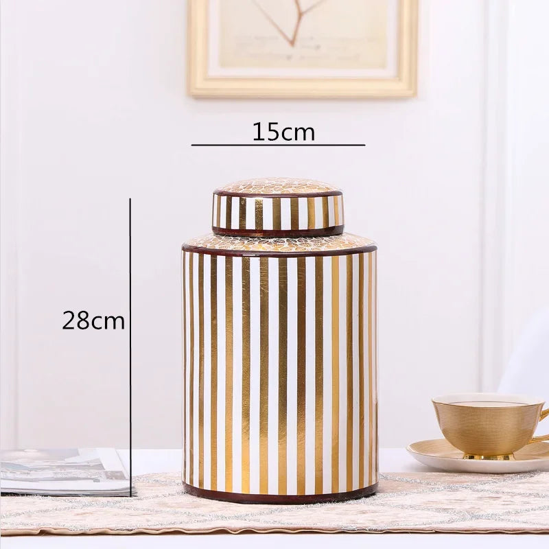 Afralia™ Golden Stripe Ceramics Vase with Cover, Modern Storage Jar for Home Decor