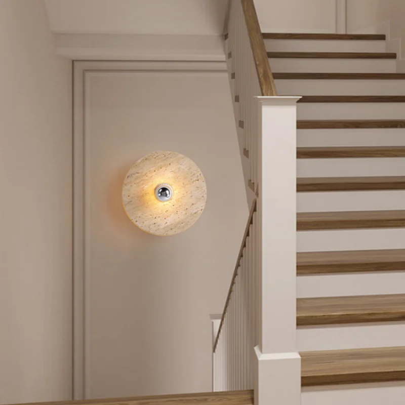 Afralia™ Natural Yellow Travertine Edison LED Ceiling Lights with Wood Canopy