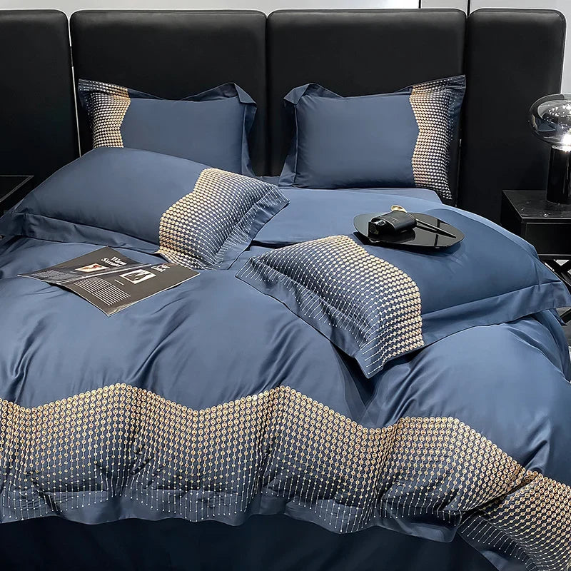 Afralia™ 1000TC Cotton Embroidery Luxury Bedding Set in Blue White Champagne