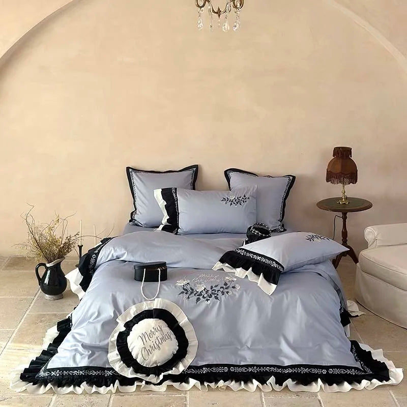 Afralia™ Flowers Embroidery Ruffles Cotton Bedding Set with Duvet Cover, Sheet, Pillowcases