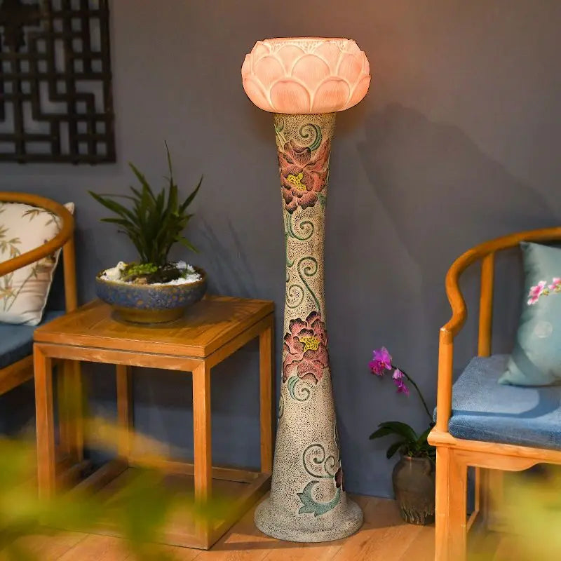 Afralia™ Zen Lotus Floor Lamp Chinese Style for Hotel Villa Study Room Lighting