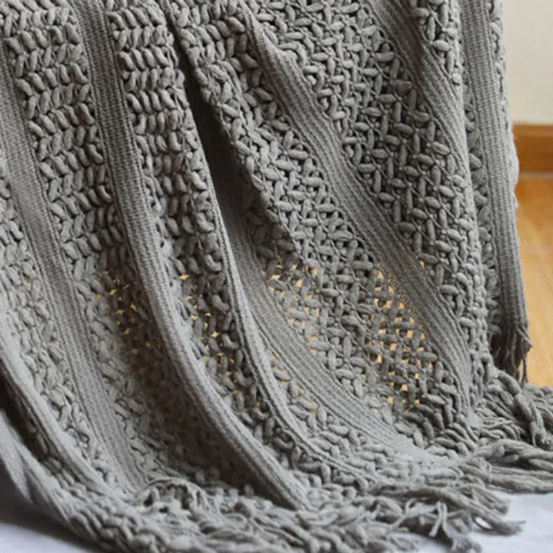 Afralia™ Nordic Knitted Sofa Blanket with Tassels - Solid Color Siesta Shawl Blanket