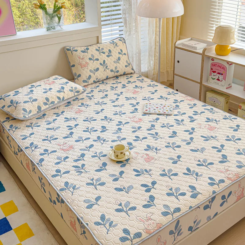 Afralia™ Cool Silk Latex Fitted Sheet Set with Pillowcases, Summer Ice Silk, Single Double Bed