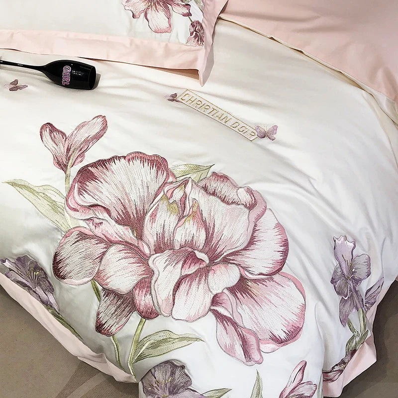 Afralia™ Blooming Flowers Embroidery Bedding Set 600TC Egyptian Cotton Duvet Cover Queen King
