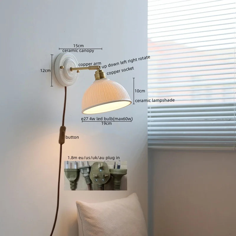 Afralia™ Vintage Ceramic LED Wall Sconce Light with Copper Pull Chain Switch