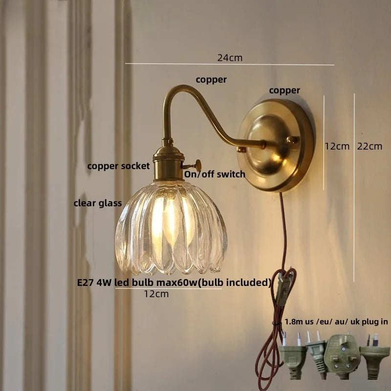Afralia™ Glass Copper LED Wall Sconce, Modern Kitchen Dining Room Bedside Lamp Wandlamp