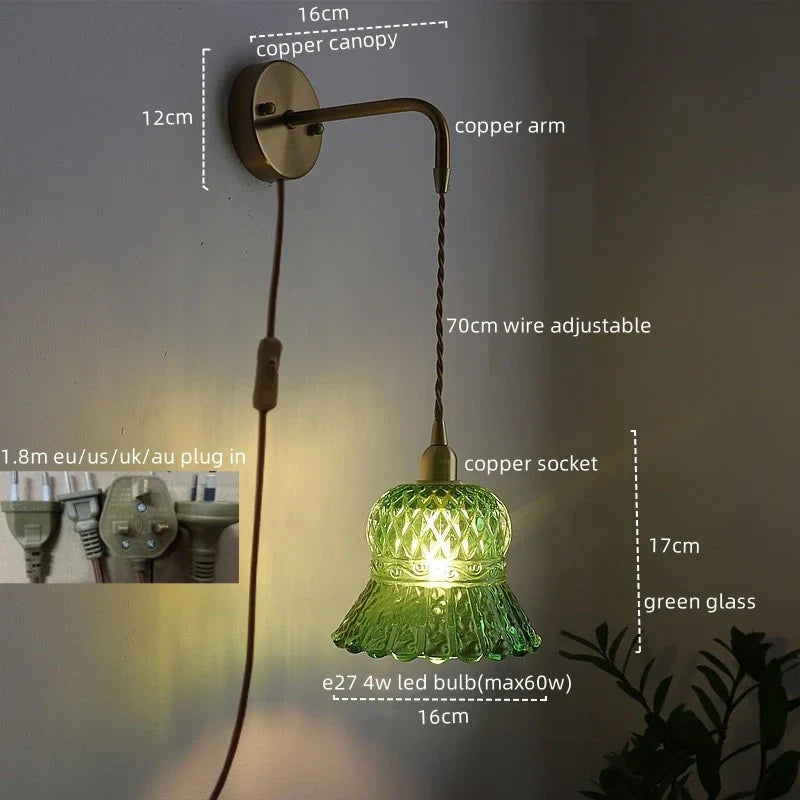 Afralia™ Vintage Copper Glass LED Wall Light with Pull Chain Switch for Dining Room Bedroom