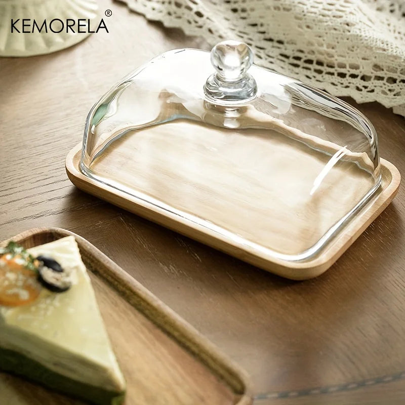 Afralia™ Cake Dessert Wood Plate with Glass Dust Cover | Elegant Serving Dish for Various Treats