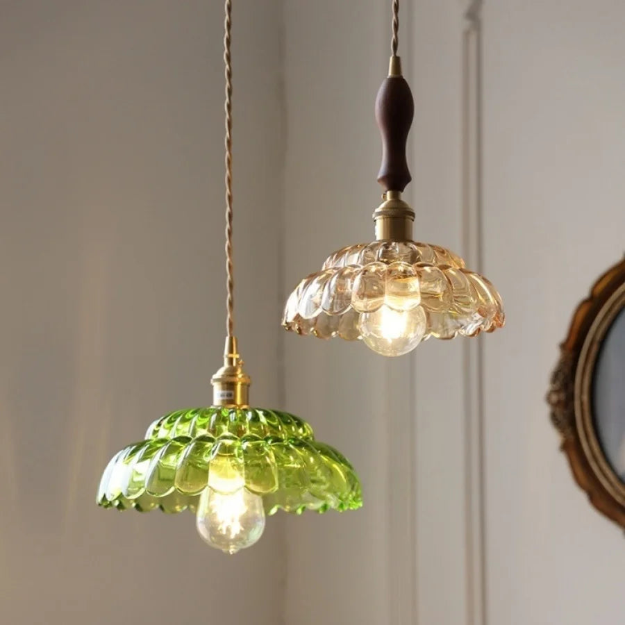 Afralia™ LED Pendant Lamp with Adjustable Wire, Copper Socket, Walnut Wood, Green Glass