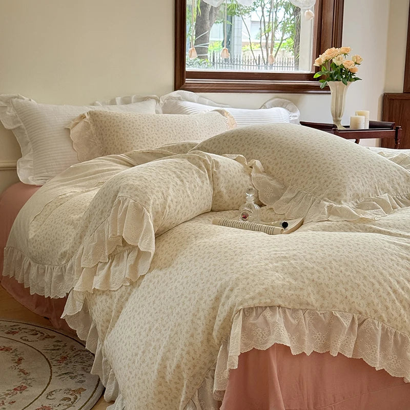 Afralia™ Elegant Floral Lace Ruffles Bedding Set with Double Yarn - Soft Cotton Blend