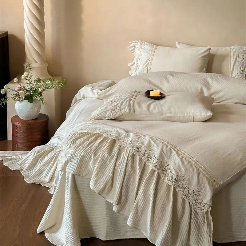 Afralia™ French Lace Ruffle Embroidery Bedding Set with Natural Health Skin Fabric