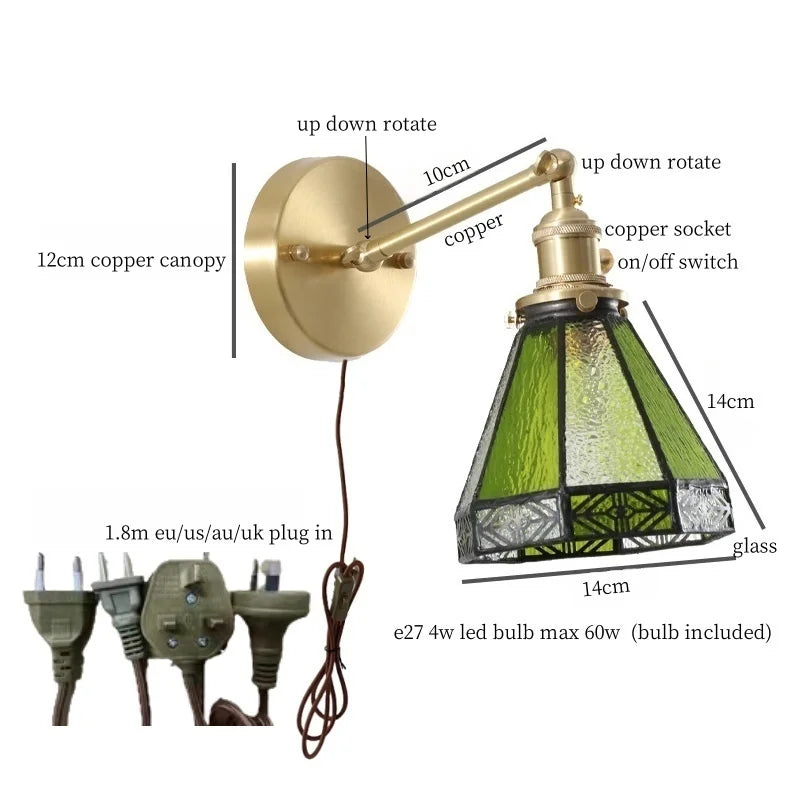 Afralia™ Green Glass LED Wall Sconce, Pull Chain Switch, for Bedside, Bathroom, Living Room