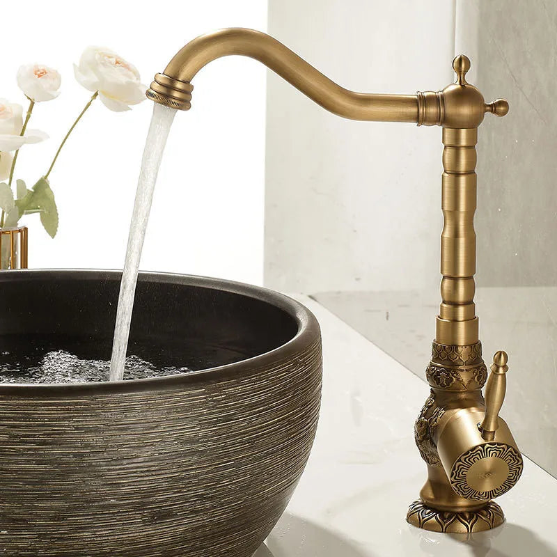 Afralia™ Antique Carved Brass Bathroom Sink Faucet Hot & Cold Mixer Deck Mounted Tap