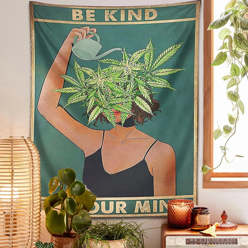 Afralia™ Psychedelic Leaf Tapestry: Be Kind, Be Your Mind. Bohemian Mystery Plant Beach Room Decor.