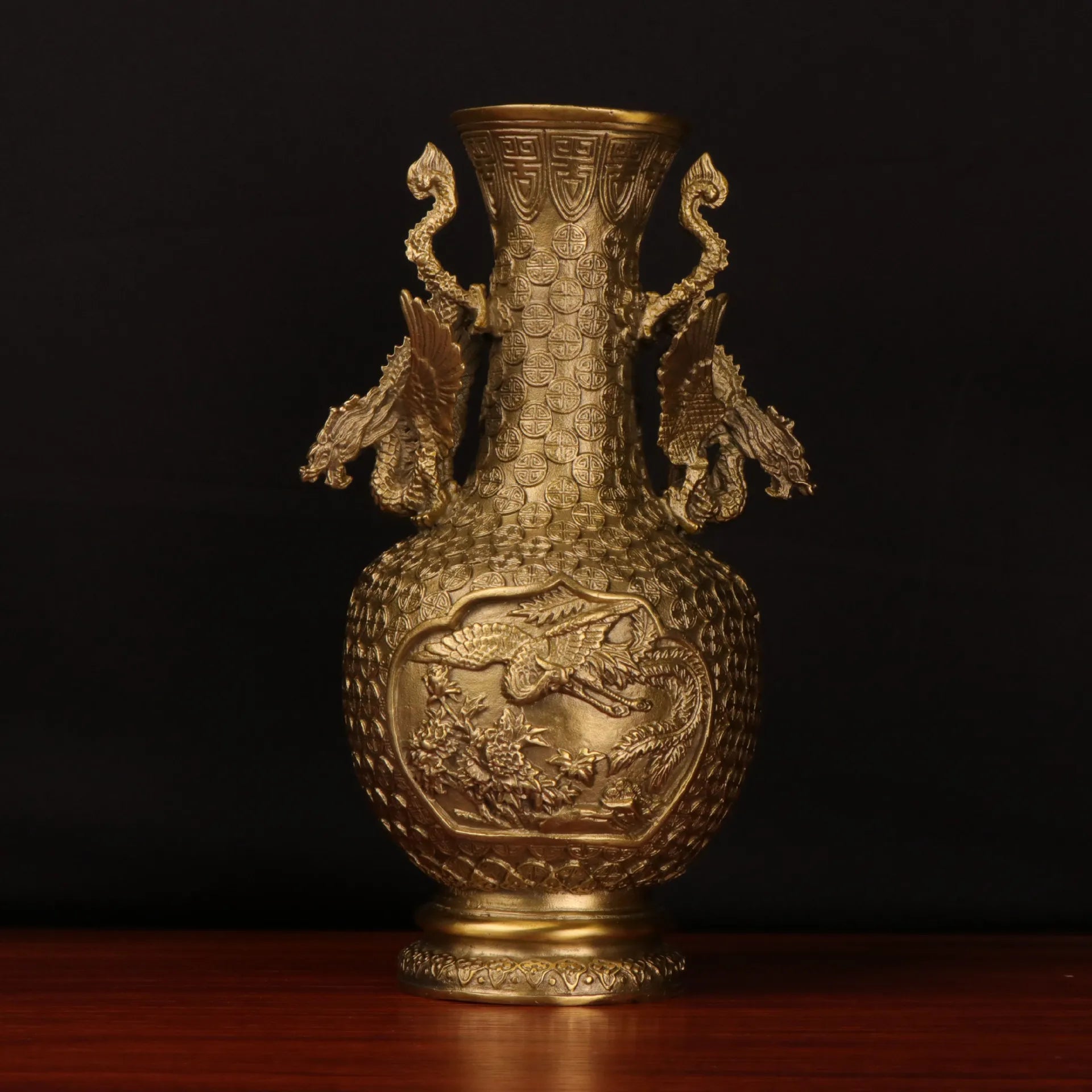 Afralia™ Copper Dragon Phoenix Vase Pair Double Dragon Ears Pine Crane Feng Shui Ornament