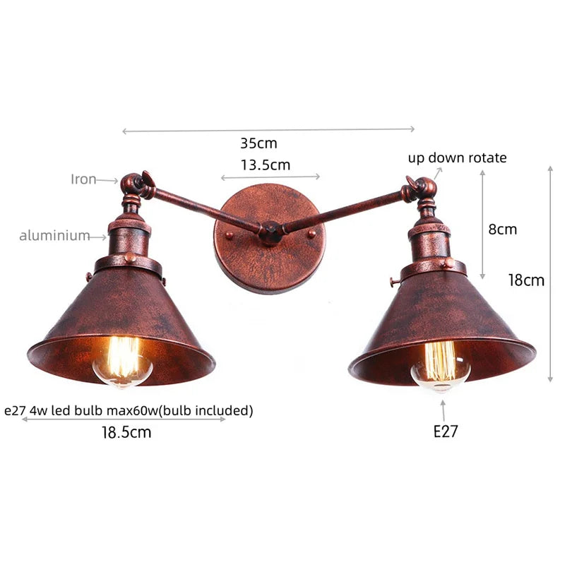 Afralia™ Loft Iron LED Wall Lamp 2 Heads Living Room Vintage Industrial Style Light