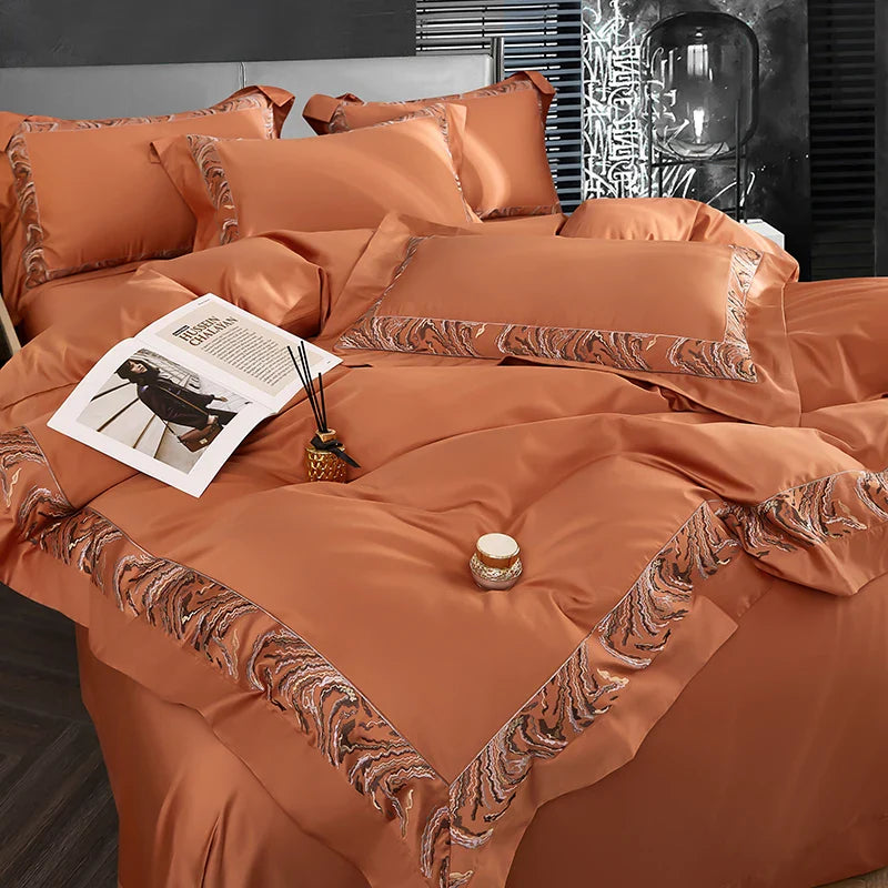 Afralia™ Zebra Print Embroidery Bedding Set 800TC Egyptian Cotton Grey Orange, Duvet Cover Flat Sheet Pillowcases