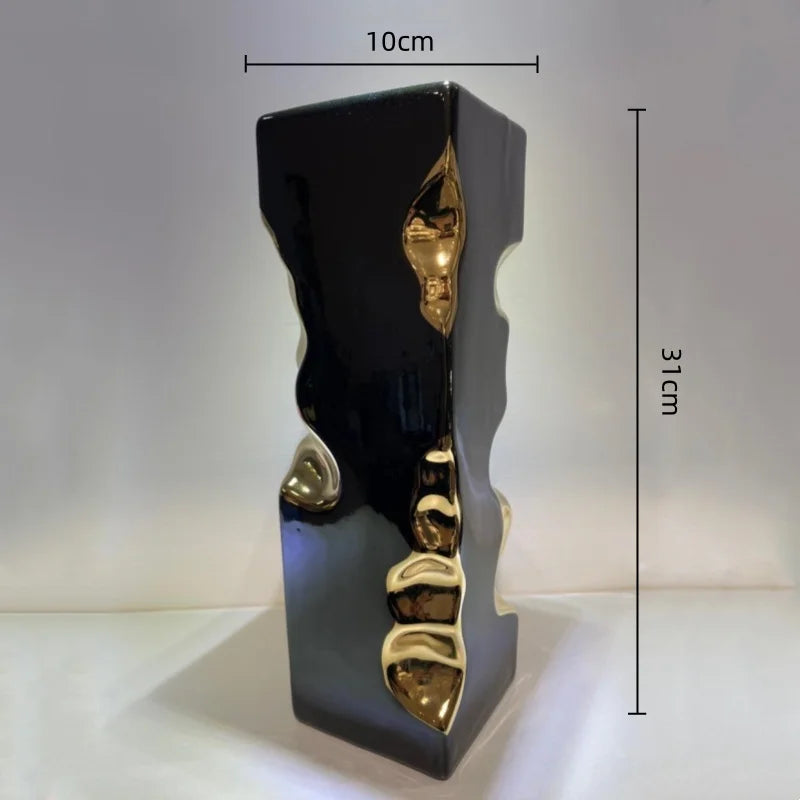Afralia™ Golden Notch Ceramic Vase Geometric Square Design Home Decor Accessory