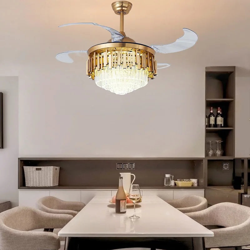 Modern Crystal Ceiling Fan with LED Chandelier & Remote Control, Retractable Blades by Afralia™