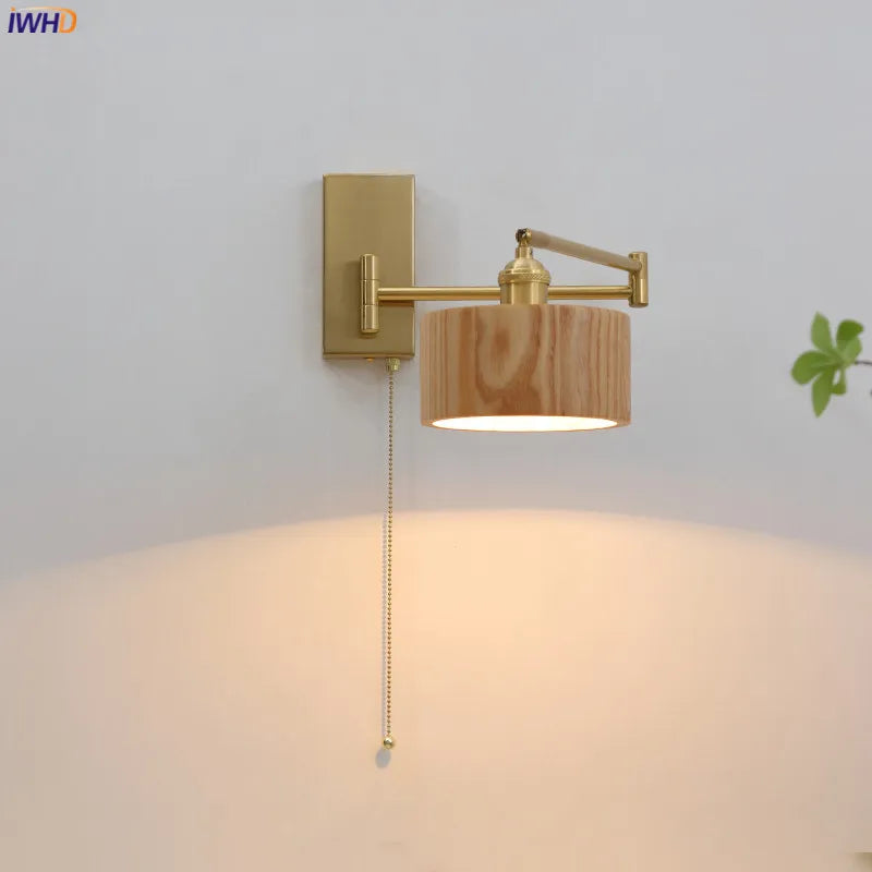 Afralia™ Wooden Lampshade Wall Sconce with Pull Chain Switch for Bedroom Bathroom Mirror