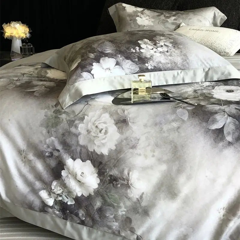 Afralia™ Flowers Pattern Brushed Bedding Set: Duvet Cover, Bed Sheet, Fitted Sheet, Pillowcase 4Pcs
