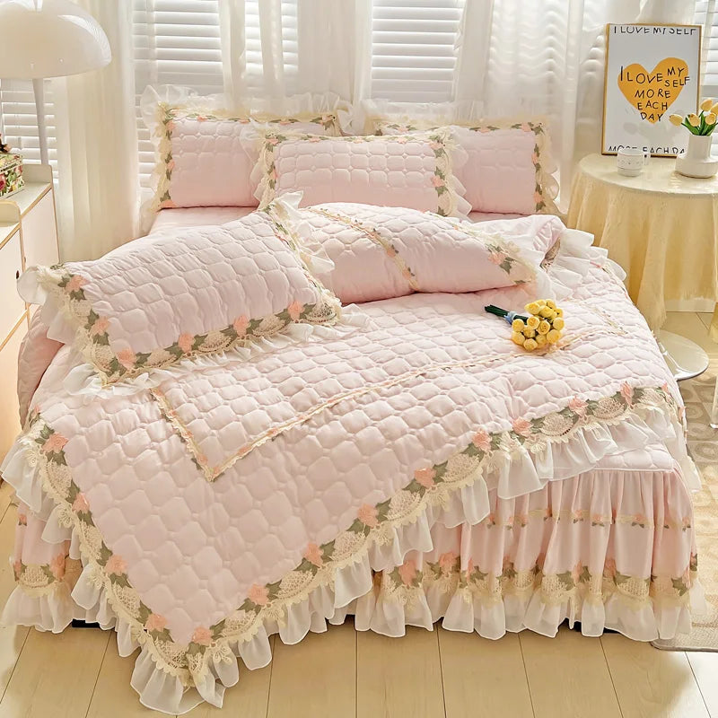 Afralia™ Korean Princess Bedding Set: Flowers, Lace, Ruffles, Embroidery, Quilted, Duvet Cover, Bedspread