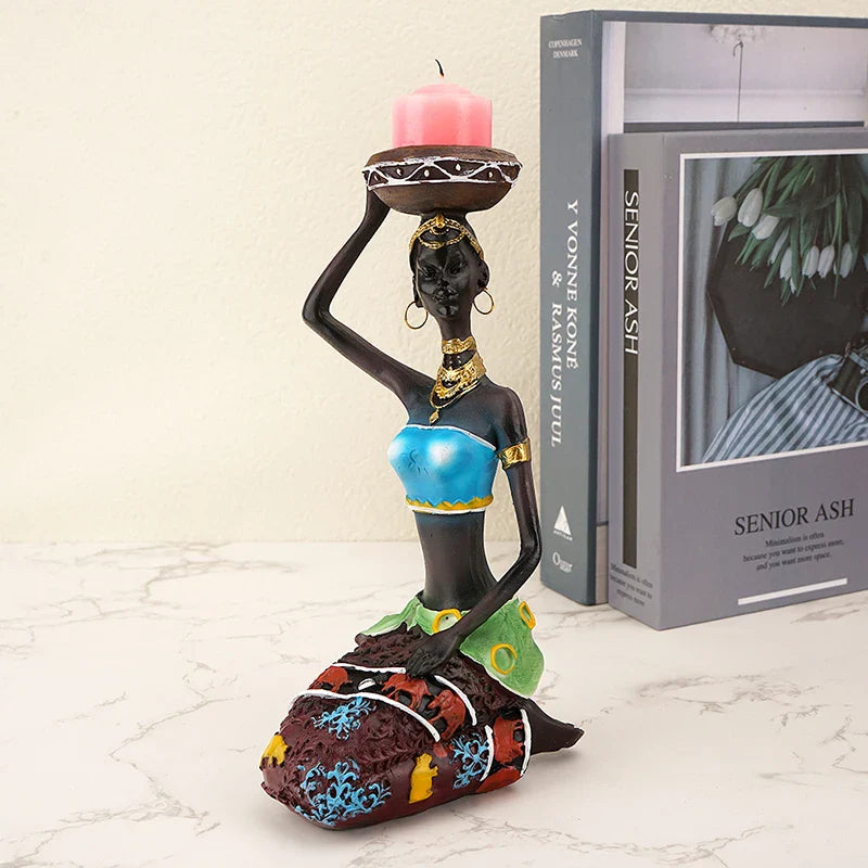 Afralia™ Exotic Black Woman Candlestick Figurine: Elegant African Resin Decor for Dining Table