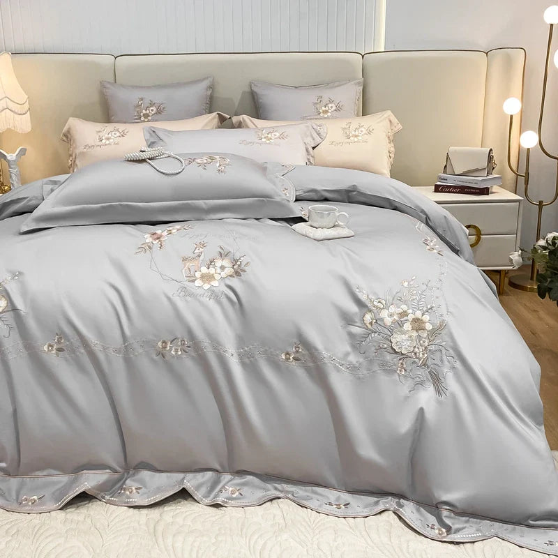 Afralia™ Flowers Embroidery Bedding Set: Duvet Cover, Bed Sheet, Pillowcases, Grey Champagne Luxury