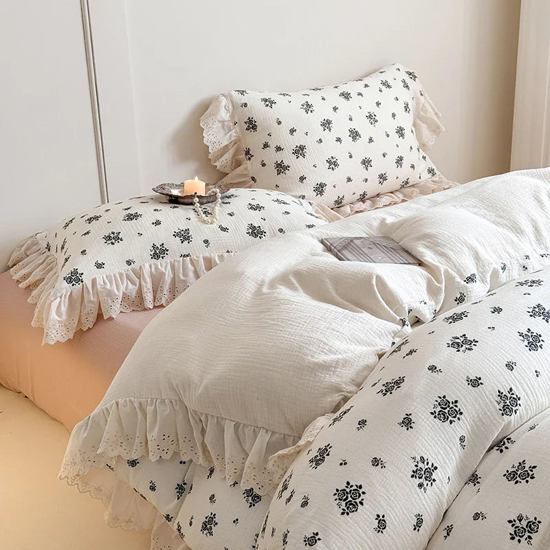 Afralia™ French Lace Ruffles Floral 100% Cotton Bedding Set with Duvet Cover, Sheet, Pillowcases