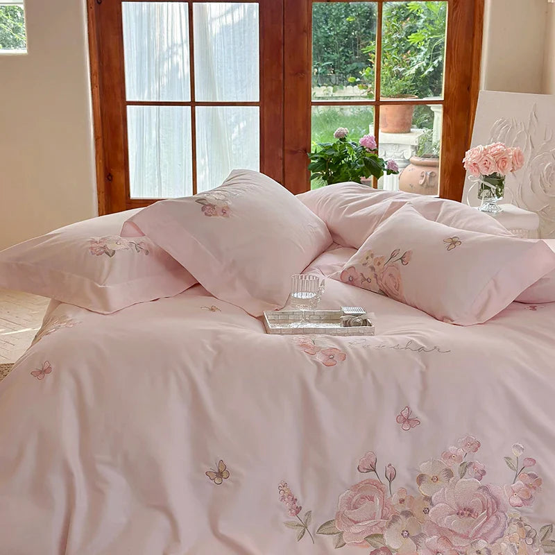 Afralia™ Pink Flowers Embroidery Cotton Bedding Set - Duvet Cover, Bed Sheet, Pillowcases