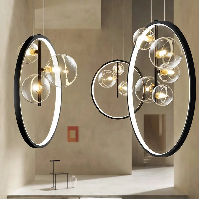Afralia™ Metal Ring Glass Pendant Light for Dining Room Bedroom Interior
