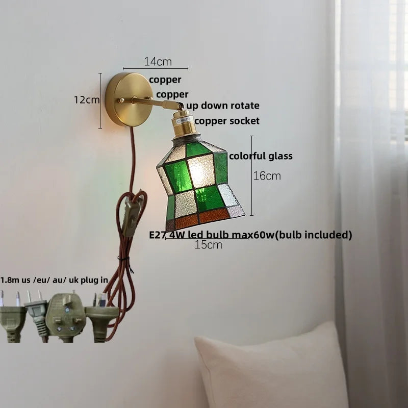 Afralia™ Colorful Square Glass LED Wall Lights with Pull Chain Switch, Tiffany Style