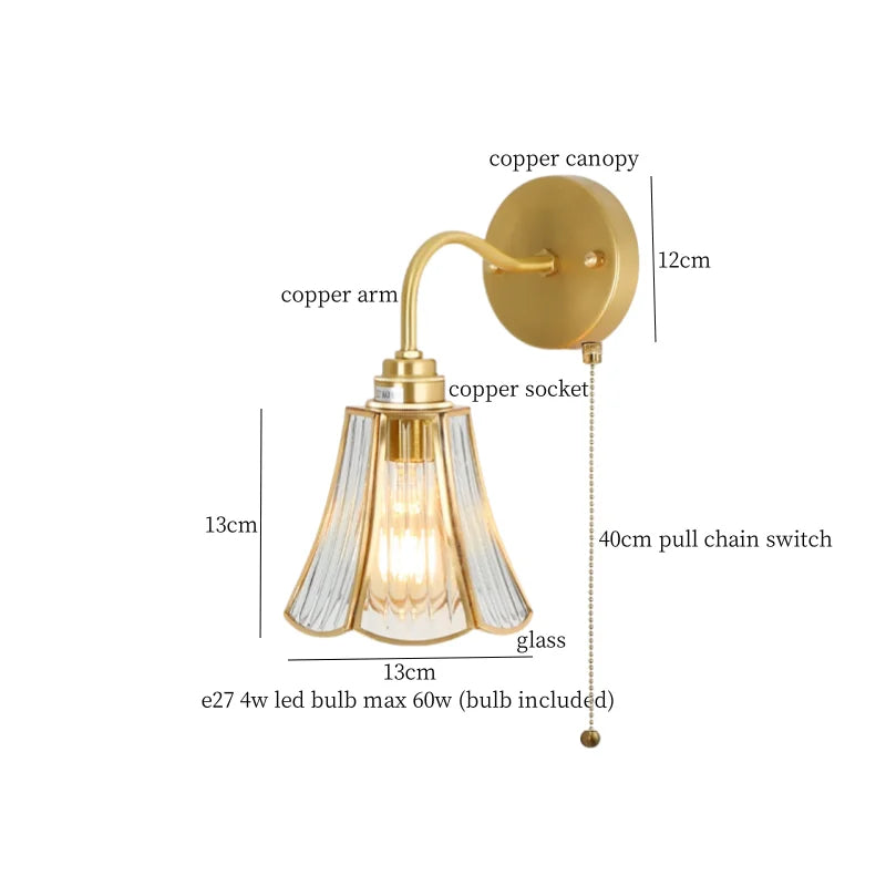 Afralia™ Hexagonal Glass LED Wall Lamp Vintage Copper Pull Chain Switch for Living Room