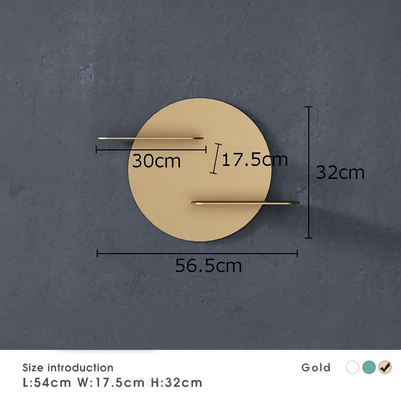 Afralia™ Gold Metal Round Wall Storage Shelf with Hooks