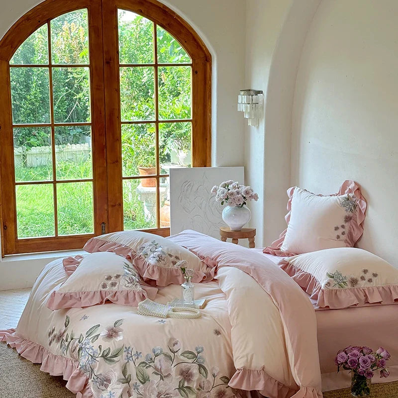 Afralia™ Luxury Flowers Embroidery Princess Bedding Set - 1000TC Egyptian Cotton