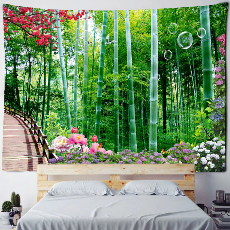 Afralia™ Bamboo Forest Pigeon Path Tapestry: Hippie Psychedelic Wall Hanging for Natural Home Decor