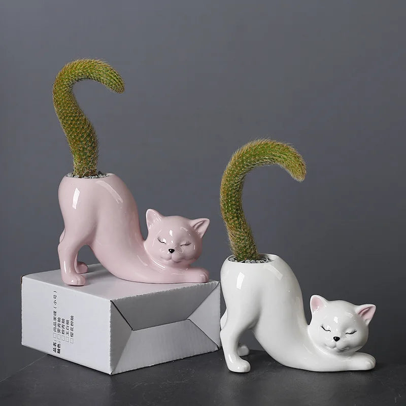 Afralia™ Cat Tail Succulent Planting Porcelain Vase - Cute Cartoon Cat Flowerpot