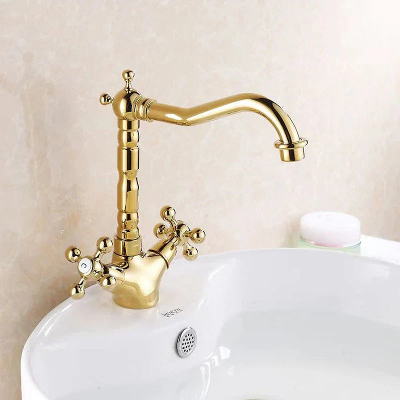 Afralia™ Antique Brass Basin Faucet with Swivel Spout and Cross Handles