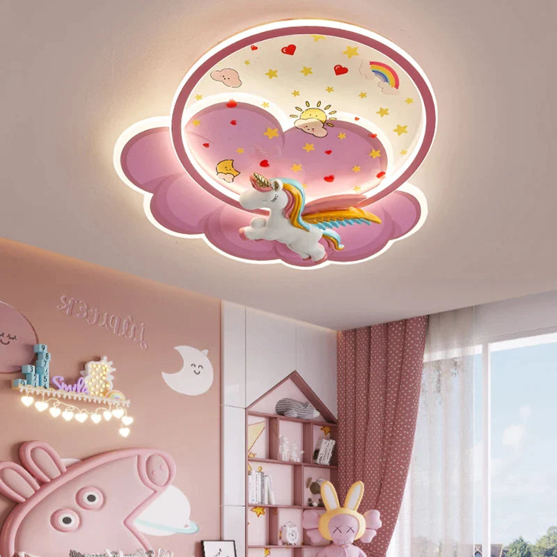 Afralia™ Unicorn Pink LED Ceiling Chandelier for Princess Nursery Room.