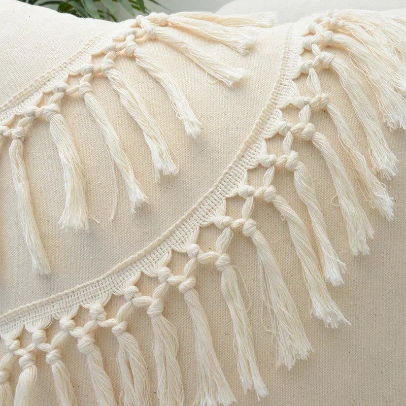 Boho Beige Fringed Cotton Weave Tassel Pillow Case by Afralia™