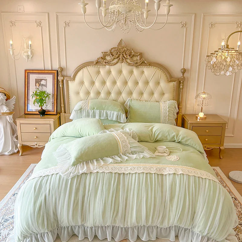 Afralia™ Velvet Fleece Princess Bedding Set with French Pleat Lace Ruffles, Plush & Warm