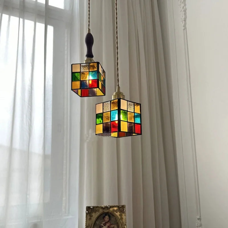 Afralia™ Rubik's Cube LED Pendant Lamp - Walnut Wood Colorful Glass Hanging Lights