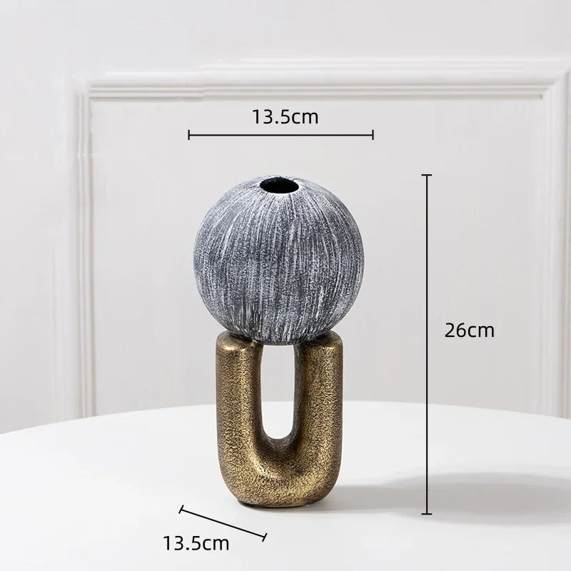 Afralia™ Golden Stripe Geometric Ceramic Vase - Abstract Floral Arrangement Home Decor