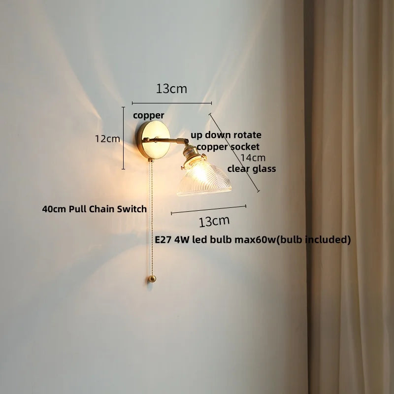 Afralia™ White Glass Copper LED Wall Sconce with Pull Chain Switch