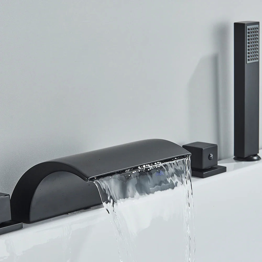 Afralia™ Black Brass Waterfall Tub Faucet Three Handles Hot Cold Mixer