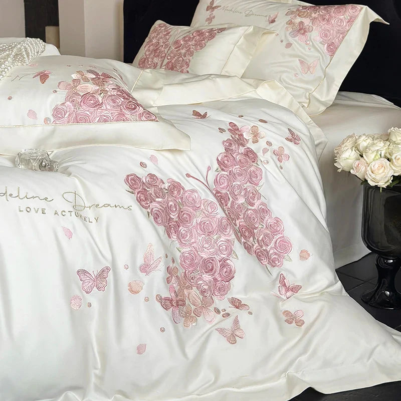 Afralia™ Rose Butterfly Embroidery 1000TC Egyptian Cotton Bedding Set in Cream White