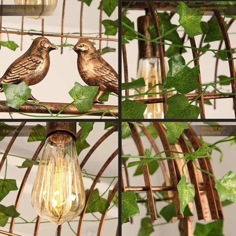 Afralia™ Iron Bird Cage Chandelier with Green Leaf Decoration and LED Lamps