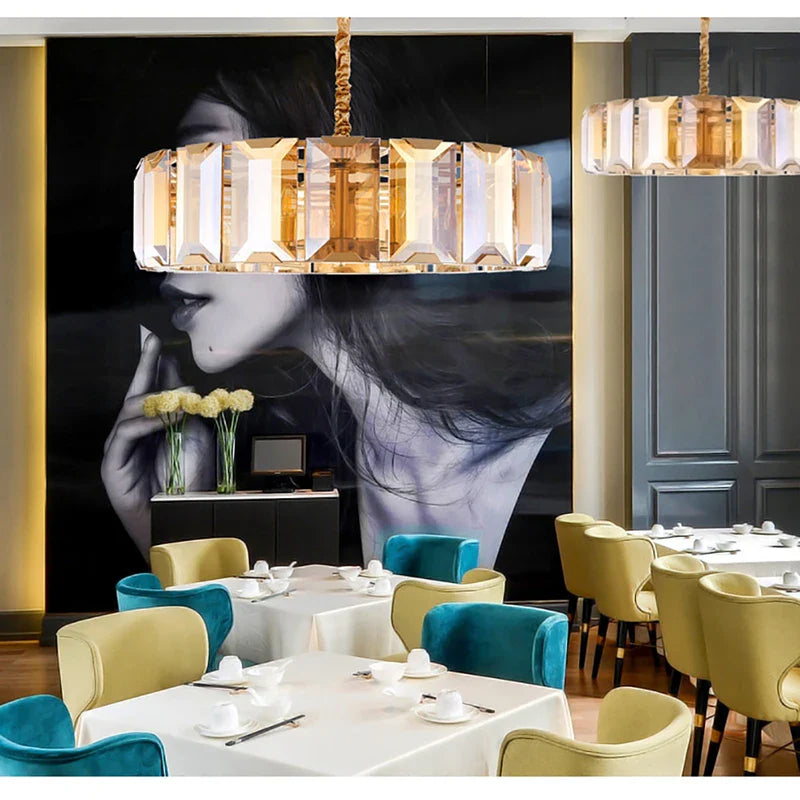 Afralia™ Smoke Grey LED Pendant Light for Living Room - Amber Crystal Lustre Chandelier